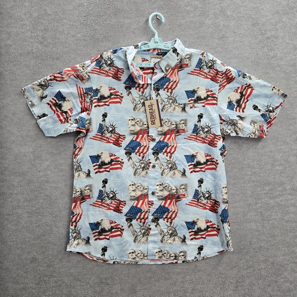 Redhead Men Button Up Shirt L Sky Blue Graphic Print Eagle Statue Of Liberty NWT